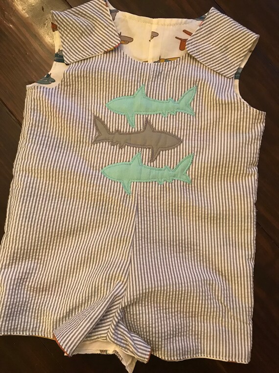 Luke Baby Boy Shortall Romper Gray Seersucker Jon Jon With Aqua