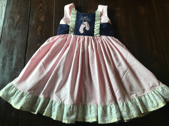 Abby ballerina dress - baby pink, navy blue, and gold stripe ballerina dress with White lace accent &beautiful bow back - ballet slipper