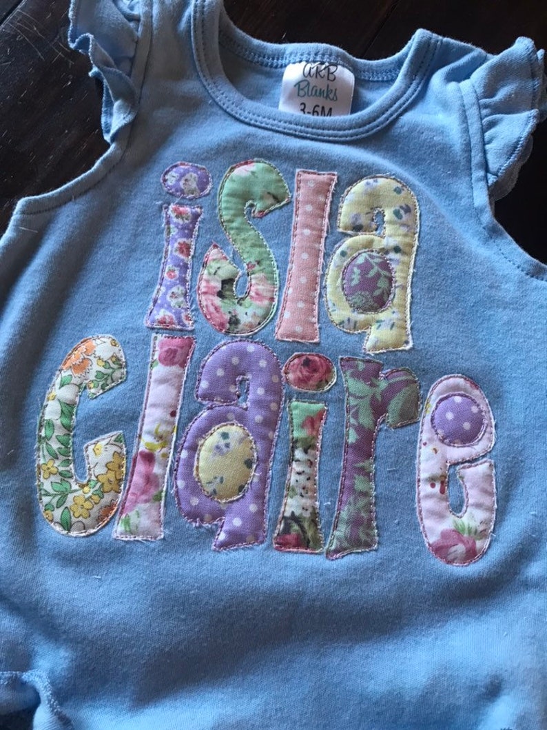 Baby girl blue vintage stitched floral name embroidered bubble romper