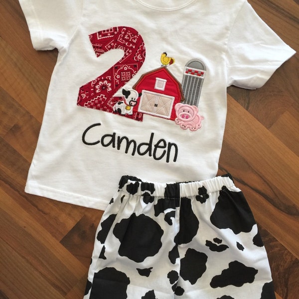 Barn yard farm birthday boy outfit - shirt and shorts set- cow print bandana pig cow chicken barn