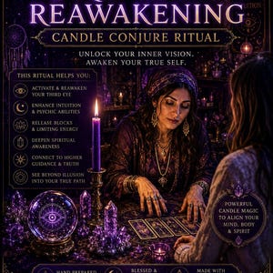 May include: A promotional graphic for a 3rd Eye Reawakening Candle Conjure Ritual featuring purple text, a central figure in dark clothing, a lit purple candle, a crystal ball with an eye icon, and clusters of purple crystals on a dark table.
