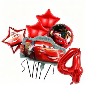 May include: A selection of red foil balloons, including star-shaped and round balloons featuring Lightning McQueen from the Cars film. A large red number 4 balloon is also present, suitable for a birthday celebration.