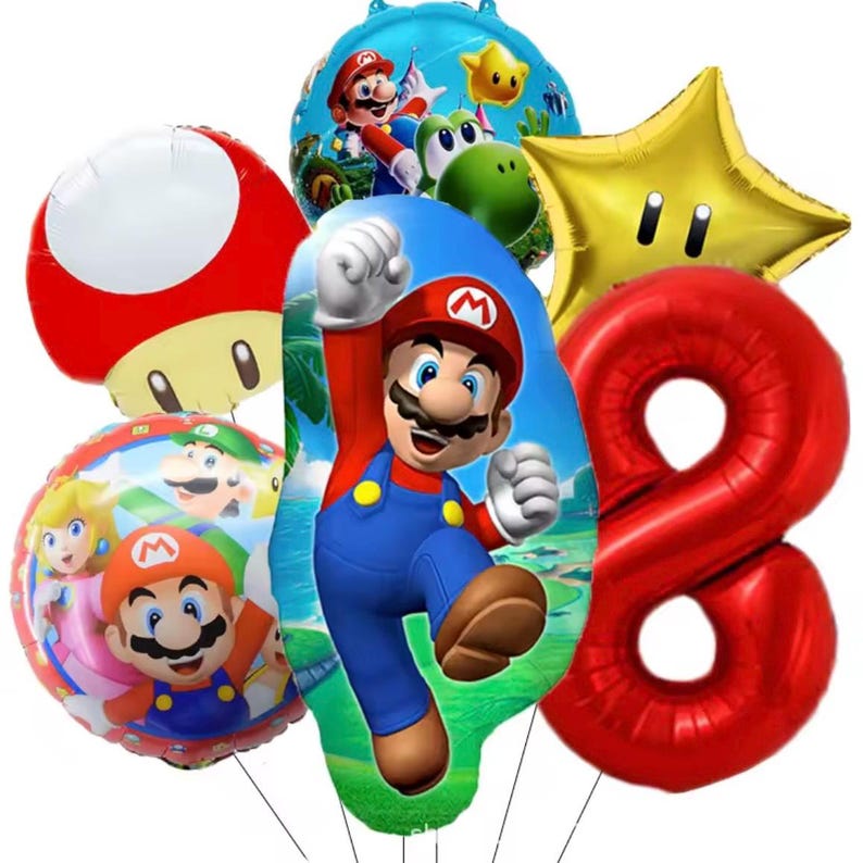 Może przedstawiać: Zestaw kolorowych balon&oacute;w foliowych z postaciami z serii gier wideo Super Mario. Zawiera czerwony balon w kształcie cyfry 8, balon w kształcie gwiazdy oraz balony z Mario, Yoshim i księżniczką Peach.
