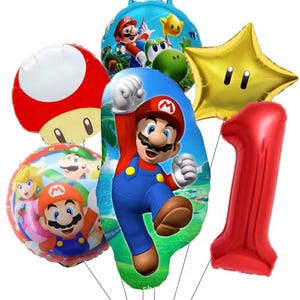 Może przedstawiać: Kolekcja kolorowych balon&oacute;w foliowych z postaciami z serii gier wideo Super Mario. Zawiera czerwony balon z cyfrą jeden, gwiazdę, grzyb i balony z Mario, Peach i Yoshim.