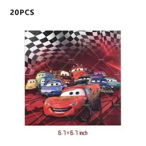 Pode incluir: Guardanapos de papel quadrados com um design de carros de desenho animado, incluindo um carro de corrida vermelho, contra um fundo de bandeira quadriculada. Os guardanapos medem 17 x 17 cm e o pacote cont&eacute;m 20 pe&ccedil;as.