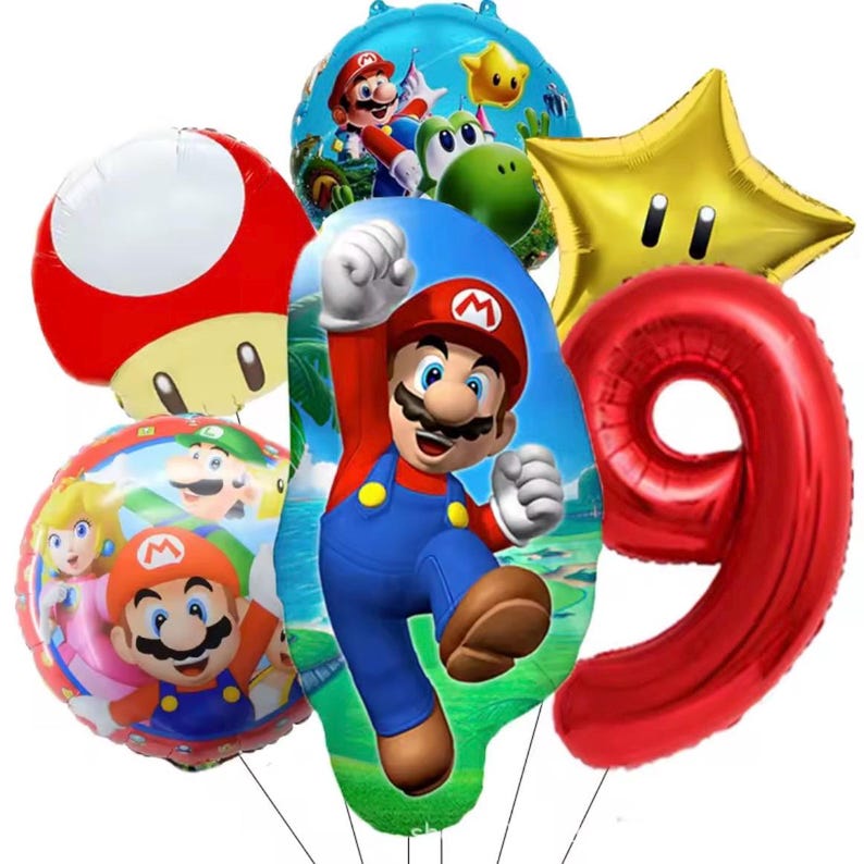 Może przedstawiać: Kolekcja kolorowych balon&oacute;w foliowych z postaciami z serii gier wideo Super Mario. Zawiera czerwony balon z cyfrą 9, złotą gwiazdę, czerwonego grzyba oraz balony z Mario, Yoshim i księżniczką Peach.