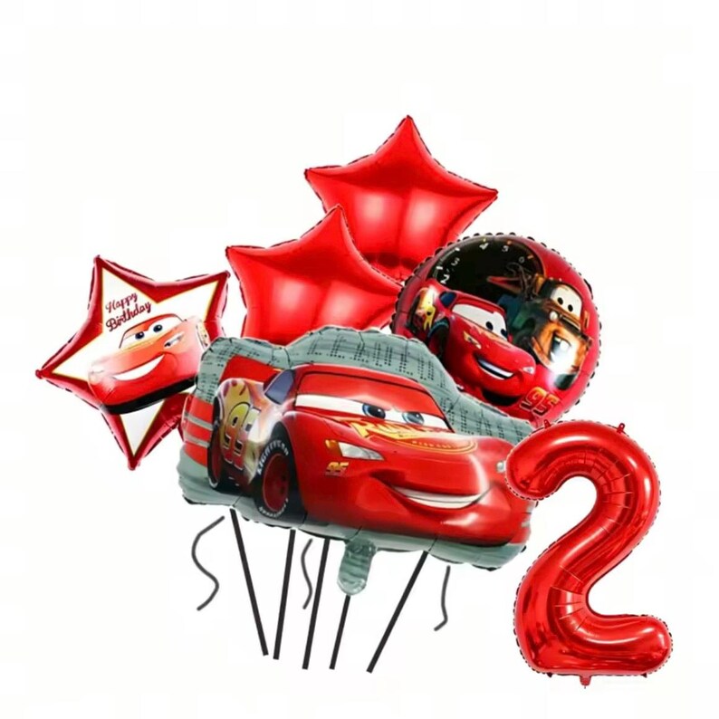 May include: A set of red foil balloons, including star-shaped and round balloons featuring the character Lightning McQueen from the film Cars. One star-shaped balloon has "Happy Birthday" text. A red number "2" balloon is also included.