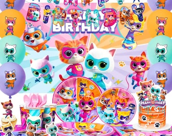 Decorações para Festa de Aniversário com Tema de Super-Heróis Gatinhos – Banner, Topo de Bolo, Balões, Guardanapos, Toalha de Mesa e Utensílios de Mesa para Lembrancinhas de Festa Infantil