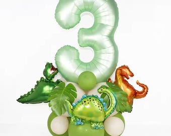 Zestaw balonów urodzinowych z dinozaurami – łuk balonowy z motywem zwierząt z dżungli (21 szt.) | Dekoracje imprezowe dla dzieci | Zestaw balonów z cyframi 0-9