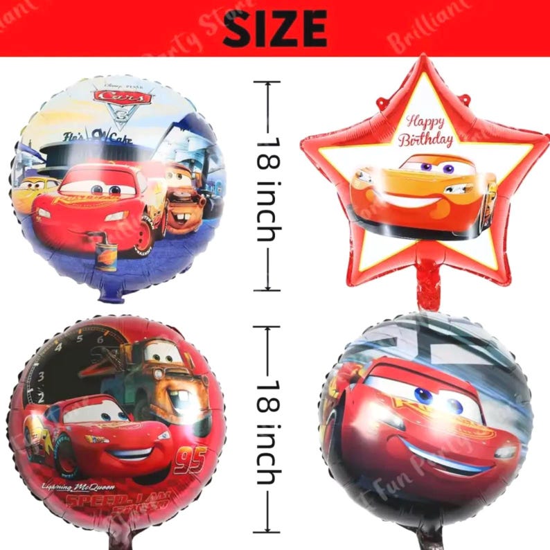May include: Four foil balloons featuring characters from the Cars movie. Two round balloons and one star-shaped balloon are visible. The round balloons are 45.7 cm in diameter. The star-shaped balloon has the text "Happy Birthday".