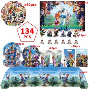 Dekoracje na przyjęcie urodzinowe z lisem i królikiem – Judy Hopps i Nick Wilde 2, Balony, Baner, Zastawa stołowa 134pcs BUNDLE