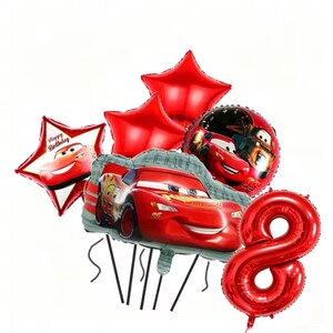 May include: A selection of red foil balloons, including star-shaped and round balloons, and a large number 8 balloon. The balloons feature images of the character Lightning McQueen from the film Cars. One star balloon has "Happy Birthday" text.