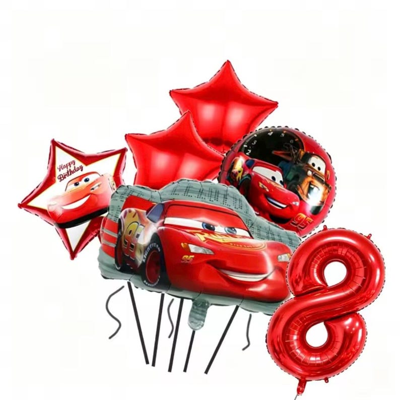 May include: A selection of red foil balloons, including star-shaped and round balloons, and a large number 8 balloon. The balloons feature images of the character Lightning McQueen from the film Cars. One star balloon has "Happy Birthday" text.