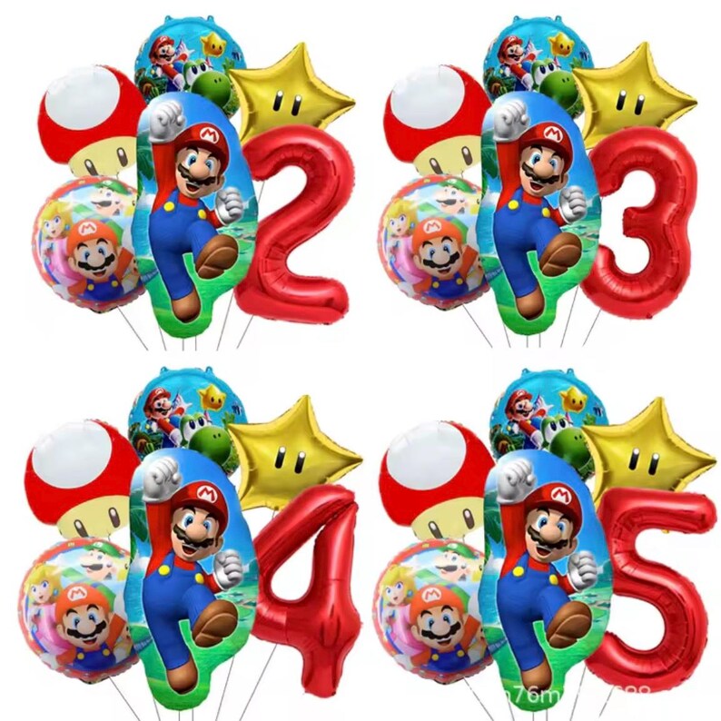 Może przedstawiać: Zestaw kolorowych balon&oacute;w urodzinowych z motywem Mario. Każdy zestaw zawiera duży czerwony balon z cyfrą, balon z postacią Mario, balony w kształcie gwiazd i okrągłe balony z Mario.