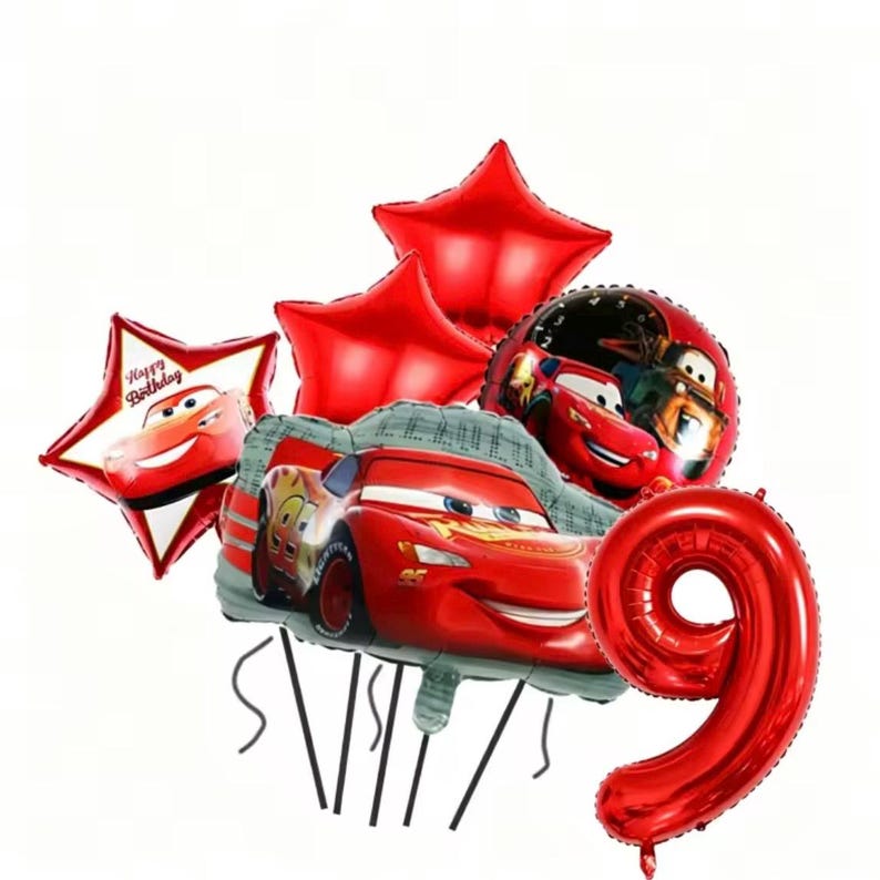 May include: A set of red foil balloons featuring Lightning McQueen from the Cars film. Includes a star-shaped balloon with "Happy Birthday" text, a number 9 balloon, and other star and round balloons.