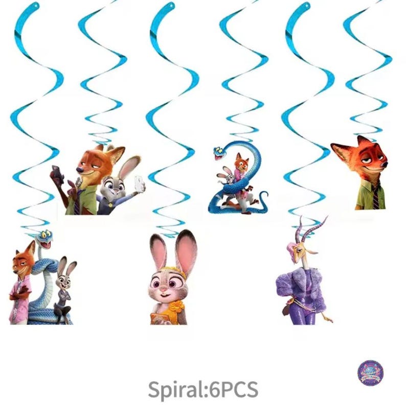 Może przedstawiać: Zestaw sześciu spiralnych dekoracji z postaciami z popularnego filmu animowanego. Każda dekoracja ma niebieską spiralę z dołączonym obrazem postaci. Postacie obejmują lisa, kr&oacute;lika i inne zwierzęta.