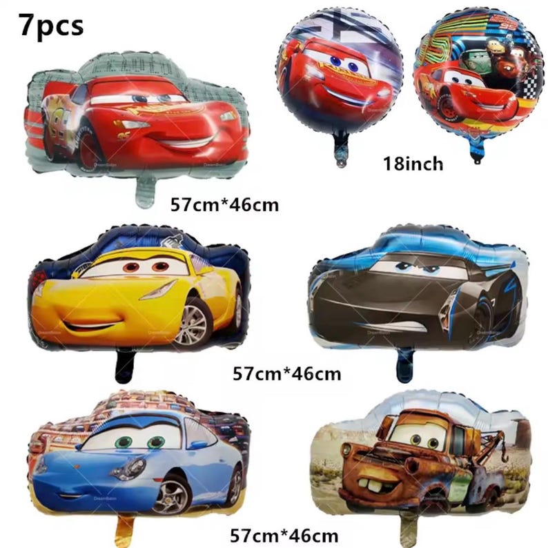 Pode incluir: Um conjunto de sete bal&otilde;es de folha em forma de carro, incluindo dois bal&otilde;es redondos de 18 polegadas. Os bal&otilde;es em forma de carro s&atilde;o de v&aacute;rias cores e designs, com dimens&otilde;es de 57 cm por 46 cm. Os bal&otilde;es apresentam personagens de desenhos animados.