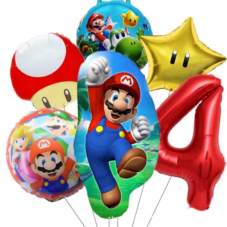 Może przedstawiać: Kolekcja kolorowych balon&oacute;w foliowych z postaciami z serii gier wideo Super Mario. Zawiera czerwony balon z cyfrą 4, złotą gwiazdę, czerwonego grzyba oraz balony z Mario, Peach i Yoshim.