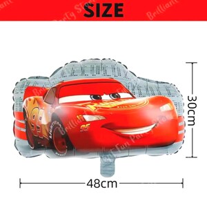 May include: A red Lightning McQueen car-shaped balloon, 48cm wide and 30cm tall. The balloon features the number 95 and the word "LIGHTNING" on the side. The top of the balloon is grey with a dotted pattern. The word "SIZE" is at the top.