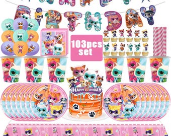 Dekoracje na przyjęcie urodzinowe Super Hero Kitties – baner, ozdoba na tort, balony, serwetki, obrus i zastawa stołowa dla dzieci