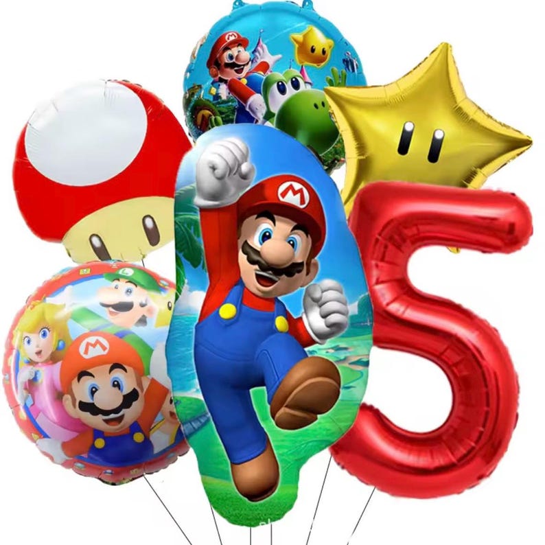 Może przedstawiać: Kolekcja kolorowych balon&oacute;w na hel z postaciami z serii gier wideo Super Mario. Zawiera czerwony balon z cyfrą 5, balon w kształcie gwiazdy oraz balony z Mario, Yoshim i księżniczką Peach.