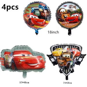 Pode incluir: Quatro bal&otilde;es de folha com personagens do filme de anima&ccedil;&atilde;o Cars. Os bal&otilde;es incluem um bal&atilde;o redondo de 18 polegadas, um bal&atilde;o em forma de carro de 57*46cm e dois outros bal&otilde;es com tema de carro. Um bal&atilde;o redondo diz "Happy Birthday!"
