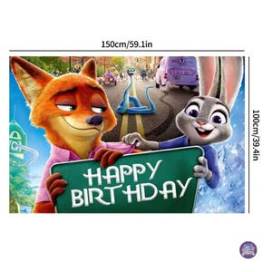 Może przedstawiać: Kolorowy baner urodzinowy z postaciami z filmu animowanego Zwierzogr&oacute;d. Baner o szerokości 150 cm i wysokości 100 cm przedstawia napis "Happy Birthday" oraz wizerunki Nicka Wilde'a i Judy Hopps.