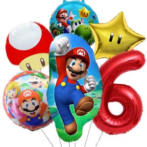 Może przedstawiać: Zestaw kolorowych balon&oacute;w foliowych z postaciami z serii gier wideo Super Mario. Zawiera czerwony balon z cyfrą 6, złotą gwiazdę, czerwonego grzyba oraz balony z Mario, Peach i Yoshim.