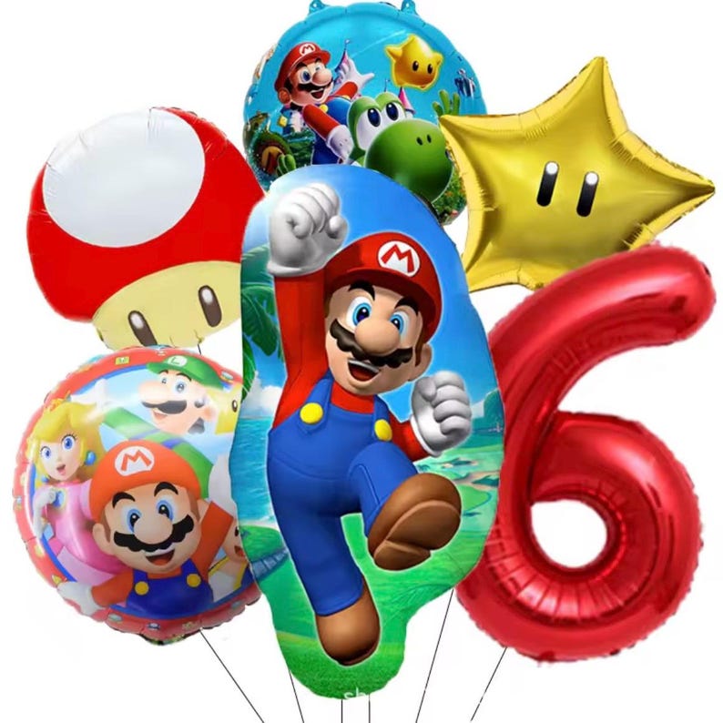 Może przedstawiać: Zestaw kolorowych balon&oacute;w foliowych z postaciami z serii gier wideo Super Mario. Zawiera czerwony balon z cyfrą 6, złotą gwiazdę, czerwonego grzyba oraz balony z Mario, Peach i Yoshim.