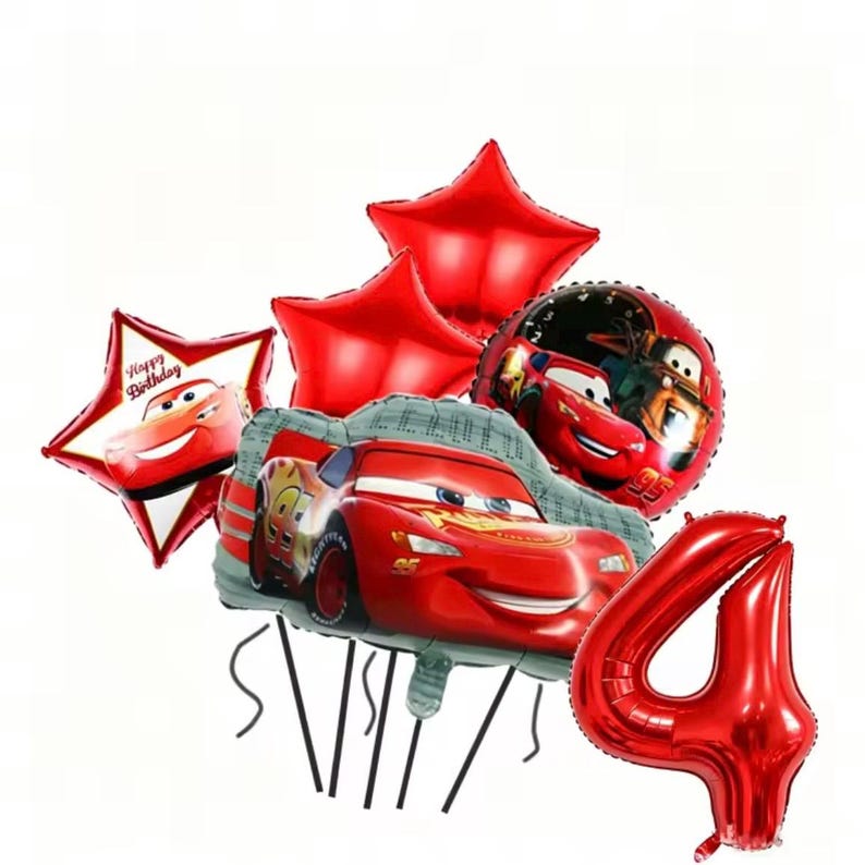 May include: A selection of red foil balloons, including star-shaped and round balloons featuring Lightning McQueen from the Cars film. A large red number 4 balloon is also present, suitable for a birthday celebration.