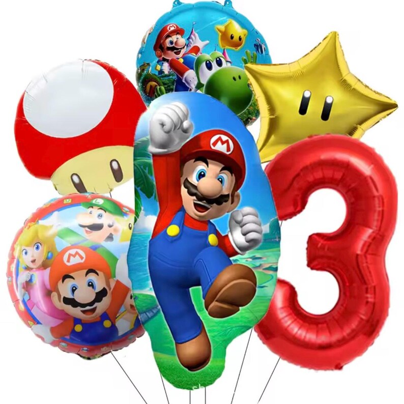 Może przedstawiać: Zestaw kolorowych balon&oacute;w foliowych z postaciami z serii gier wideo Super Mario. Zawiera czerwony balon z cyfrą 3, złotą gwiazdę, czerwonego grzyba oraz balony z Mario, Peach i Yoshim.