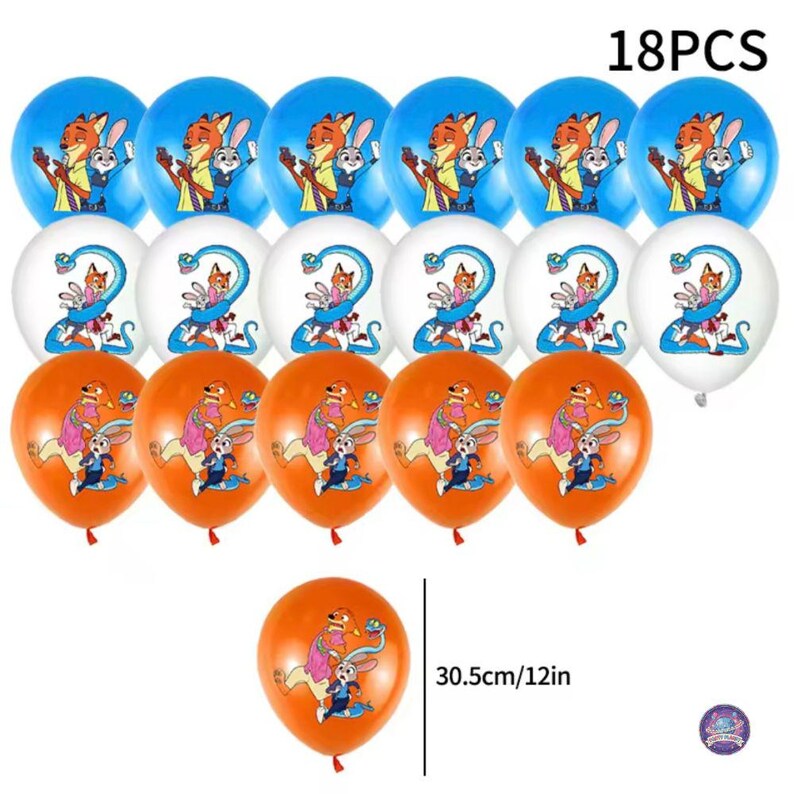 Może przedstawiać: Zestaw 18 kolorowych balon&oacute;w z postaciami z popularnej animacji. Balony są niebieskie, białe i pomarańczowe, z ilustracjami postaci. Każdy balon ma średnicę 30,5 cm, idealny na imprezę tematyczną.