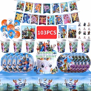 Dekoracje na przyjęcie urodzinowe z lisem i królikiem – Judy Hopps i Nick Wilde 2, Balony, Baner, Zastawa stołowa 103pcs Bundle