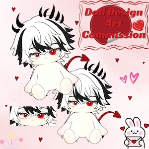 May include: A digital illustration of a doll character with white and black hair, red eyes, and a small red devil tail. The text Doll Design Art Commission is displayed in a red circular frame, accompanied by small red hearts and a white rabbit icon.