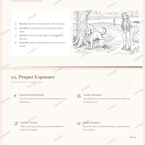 May include: A Puppy Training Guide document featuring sections on potty training, proper exposure, and creating a safe space. The layout includes instructional text, bulleted lists, and black and white line art illustrations of a person and a dog.