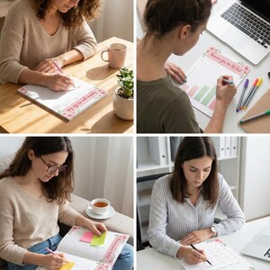 May include: Four images of people working at desks and on a couch, writing on notepads and calendars. The notepads and calendars have floral designs and the text "Because you are the best". The people are using pens and pencils.