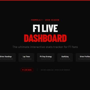 May include: A digital interface with a black background and red and white text. The words "F1 LIVE DASHBOARD" are prominently displayed. Below, it reads "The ultimate interactive stats tracker for F1 fans."