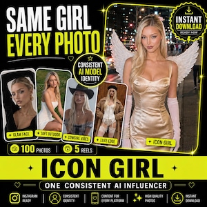 Puede incluir: Un gráfico de marketing digital que muestra a un modelo rubio con varios atuendos, incluido un vestido de satén dorado con alas de ángel blancas, un vestido blanco, un sombrero de vaquera y un corsé. El texto dice SAME GIRL EVERY PHOTO e ICON GIRL.