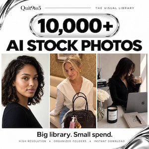 Op de afbeelding: Een promotionele afbeelding voor Quit9to5 The Visual Library met de tekst 10,000+ AI STOCK PHOTOS en Big library. Small spend. De afbeelding toont drie afzonderlijke foto's van personen in verschillende omgevingen met tekst.