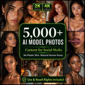 Op de afbeelding: Een digitale collectie van 5.000+ AI-modelfoto's voor social media content. De weergave toont diverse portretten van personen met natuurlijke huidtexturen, gelabeld met 2K Quad HD en 4K Ultra HD kwaliteit, inclusief gebruiks- en doorverkooprechten.