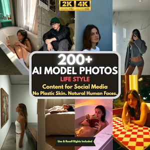 Puede incluir: Imagen promocional con un collage de fotos de estilo de vida. El elemento central muestra el texto "200+ AI MODEL PHOTOS" con texto adicional que indica contenido para redes sociales y derechos de uso. La imagen está etiquetada con "2K 4K QUAD HD ULTRAHD".