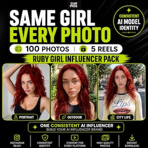 May include: Promotional graphic with the text "SAME GIRL EVERY PHOTO" and "RUBY GIRL INFLUENCER PACK." The image includes three photos of a woman with red hair. The graphic also states "100 PHOTOS | 5 REELS."