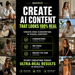 May include: A promotional image with the text "Quit 9to5" and "CREATE AI CONTENT THAT LOOKS 100% REAL." The image features multiple photos of women and highlights "Consistent Visual Style," "No Fake AI Look," and a "Ready-to-Use System."