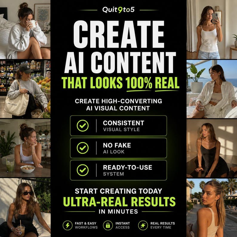 May include: A promotional image with the text "Quit 9to5" and "CREATE AI CONTENT THAT LOOKS 100% REAL." The image features multiple photos of women and highlights "Consistent Visual Style," "No Fake AI Look," and a "Ready-to-Use System."