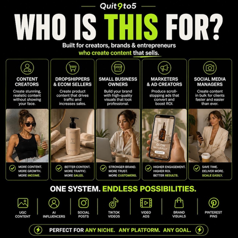 May include: Graphic with the text "WHO IS THIS FOR?" lists benefits for content creators, e-commerce sellers, small business owners, marketers, and social media managers. The graphic also includes icons for UGC content, AI influencers, social posts, TikTok videos, video ads, brand visuals, and Pinterest pins.