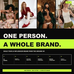 Op de afbeelding: Een digitale marketingafbeelding met vier verschillende modefoto's boven de vetgedrukte tekst ONE PERSON. A WHOLE BRAND. BUILD YOUR AI INFLUENCER BRAND FROM THE GROUND UP. Hieronder staat een raster met zes categorieën: AI MODEL, PROMPTS + WORKFLOWS, CONTENT CREATION, GROWTH STRATEGY, BRAND STRATEGY en TOOLS + RESOURCES.