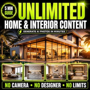 May include: A digital graphic featuring the text UNLIMITED HOME & INTERIOR CONTENT, 5 MIN GUIDE, and GENERATE AI PHOTOS IN MINUTES. It displays a modern house with a pool and four smaller interior room images, finished with NO CAMERA, NO DESIGNER, NO LIMITS.