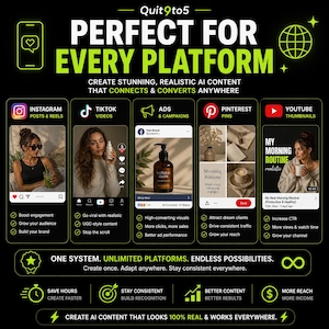 May include: A graphic with the text "Quit9to5" and "PERFECT FOR EVERY PLATFORM". It showcases AI content creation for Instagram, TikTok, Ads, Pinterest, and YouTube. The image includes icons and bullet points highlighting features and benefits.
