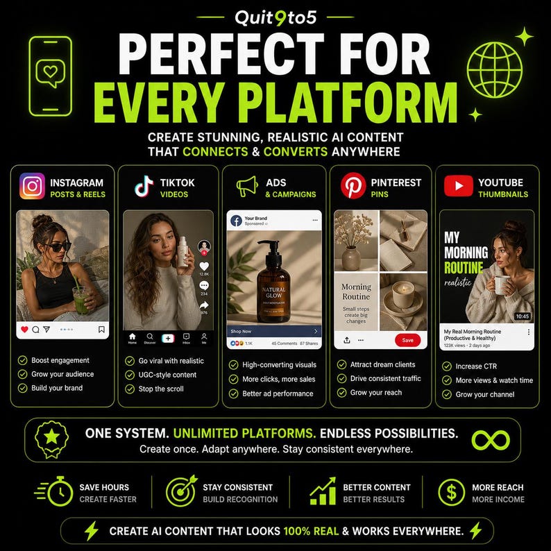 May include: A graphic with the text "Quit9to5" and "PERFECT FOR EVERY PLATFORM". It showcases AI content creation for Instagram, TikTok, Ads, Pinterest, and YouTube. The image includes icons and bullet points highlighting features and benefits.