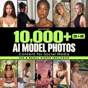 Könnte beinhalten: Eine digitale Grafik mit dem Text QUIT9TO5 10,000+ AI MODEL PHOTOS 2K + 4K Content for Social Media USE & RESELL RIGHTS INCLUDED, die über einer Collage aus zehn verschiedenen Porträts und Lifestyle-Bildern verschiedener Personen angezeigt wird.